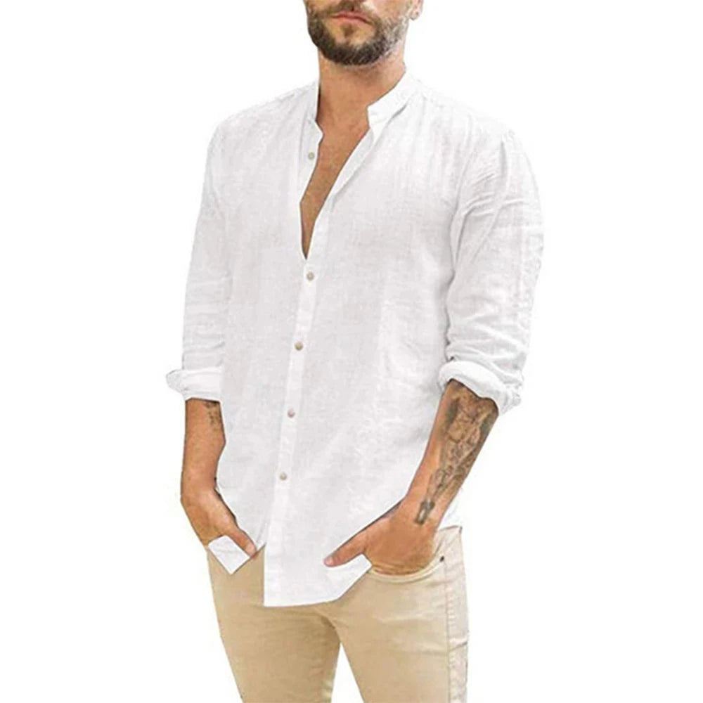 Cotton Linen Hot Sale Men'S Long-Sleeved Shirts Summer Solid Color Stand-Up Collar Casual Beach Style plus Size