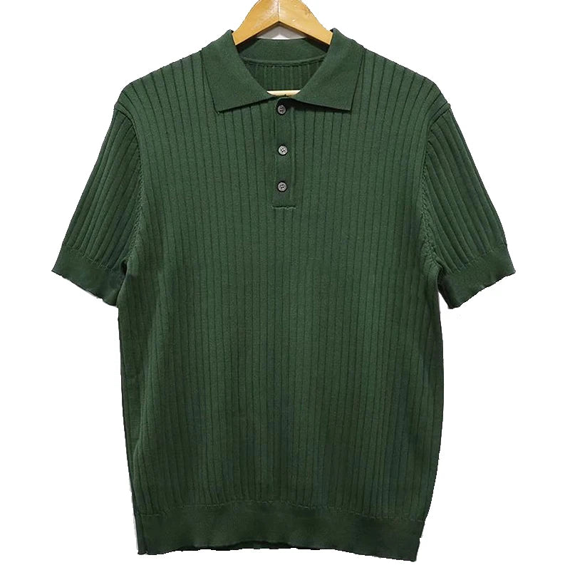 Summer Men'S Clothing Retro Knit Lapel Striped Polo Shirt Solid Color Short Sleeve Fashion Light Luxury Popular Knitwear M-3XL