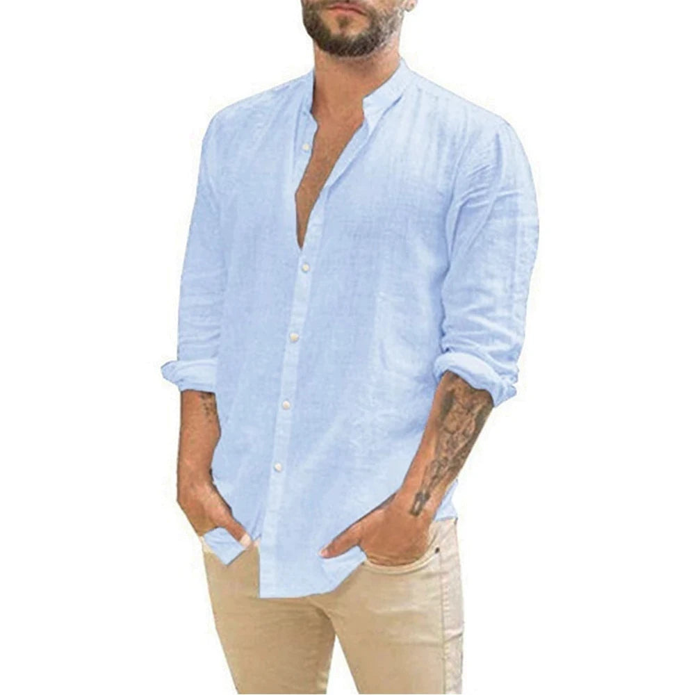 Cotton Linen Hot Sale Men'S Long-Sleeved Shirts Summer Solid Color Stand-Up Collar Casual Beach Style plus Size