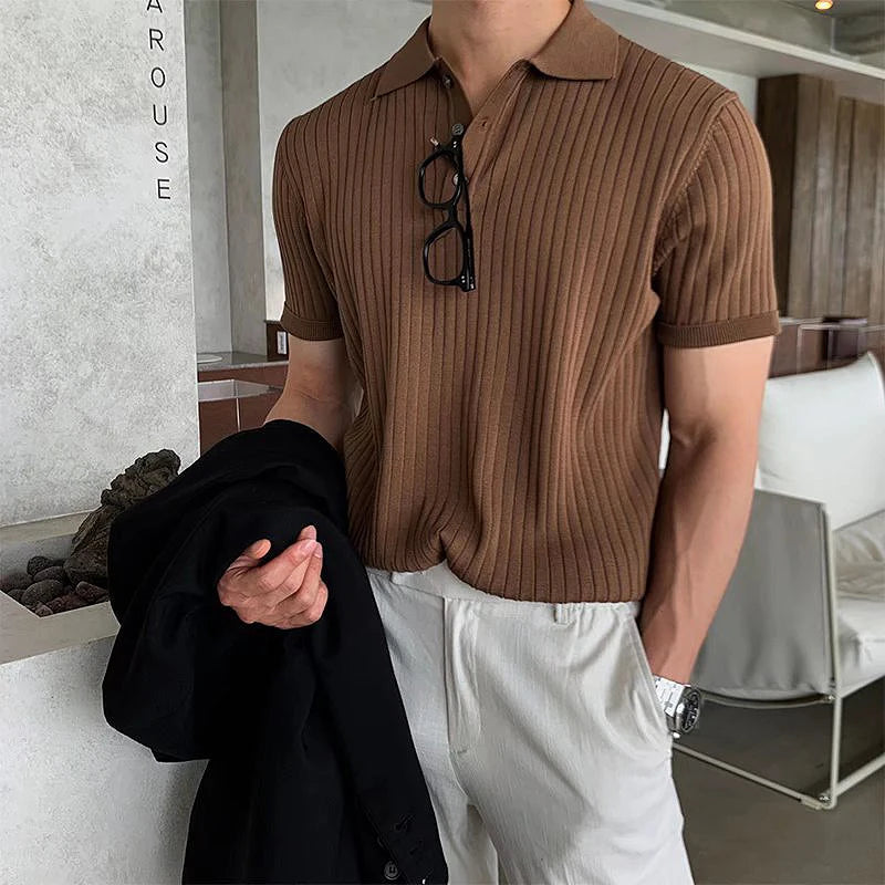 Summer Men'S Clothing Retro Knit Lapel Striped Polo Shirt Solid Color Short Sleeve Fashion Light Luxury Popular Knitwear M-3XL