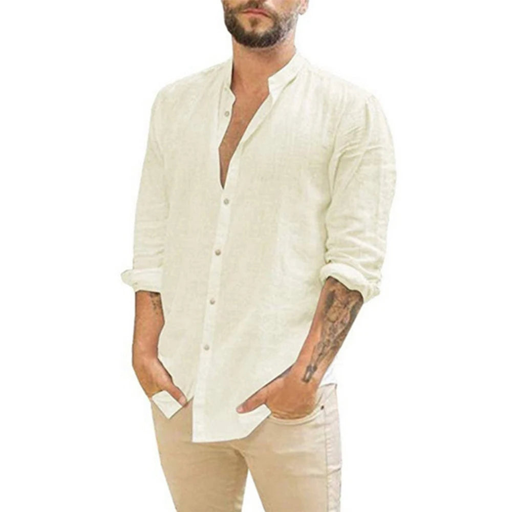 Cotton Linen Hot Sale Men'S Long-Sleeved Shirts Summer Solid Color Stand-Up Collar Casual Beach Style plus Size