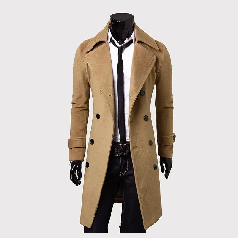 Mens Double Breasted Trench Coat Wool Blend 2024 Autumn Winter Solid Casual Slim Fit Long Jacket Wool Coat Fashion Mens Clothing