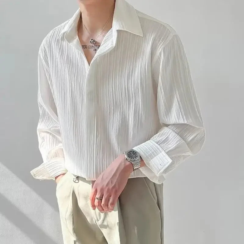 Top Korean Style Loose-Fit Long Sleeve Shirt Men'S Trendy Striped No-Iron Casual Shirt Autumn Season