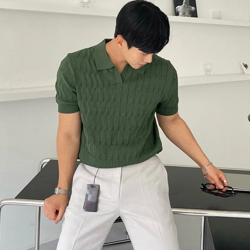 2023 Men'S Knitted Jacquard Polo Shirt Casual Stripe V-Neck Solid Color Short Sleeve T-Shirt Breathable Light Luxury Clothing