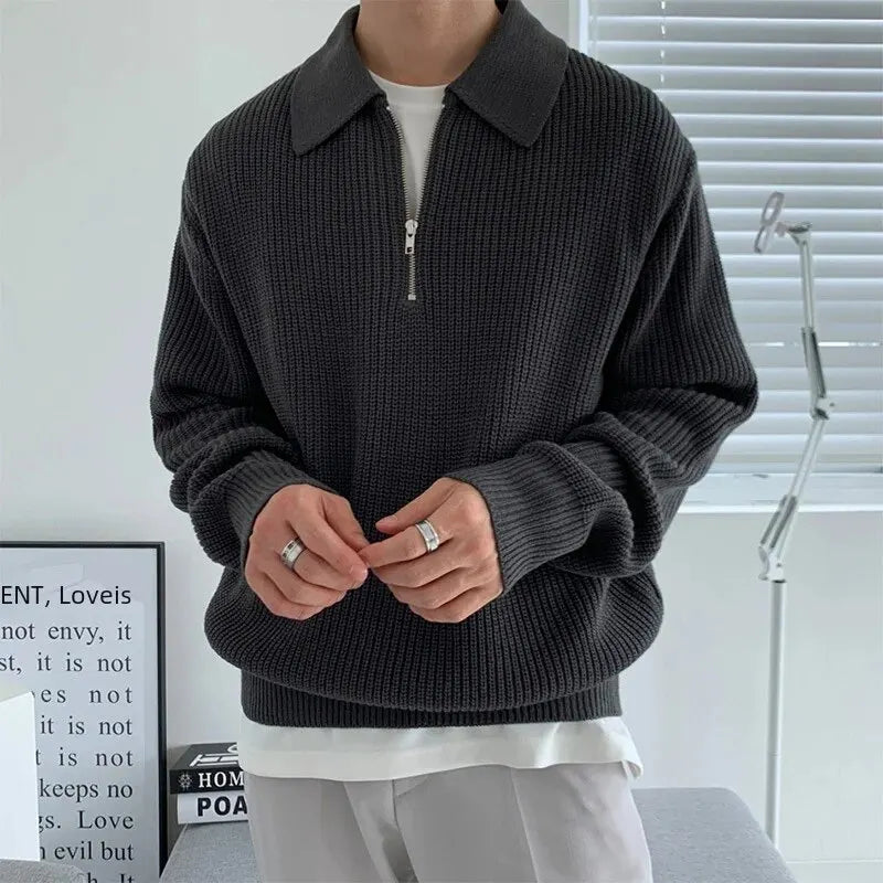 1970S Retro Lazy Style Men Half-Zipper Wool Sweater Loose Casual Line Clothing Autumn Winter Edition Teens Adults