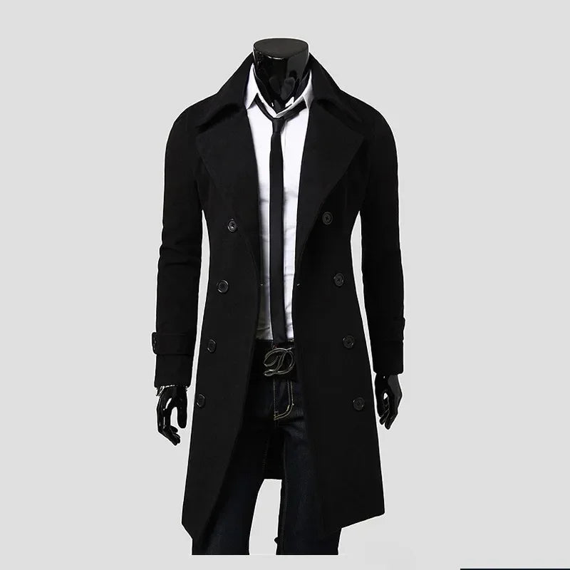 Mens Double Breasted Trench Coat Wool Blend 2024 Autumn Winter Solid Casual Slim Fit Long Jacket Wool Coat Fashion Mens Clothing