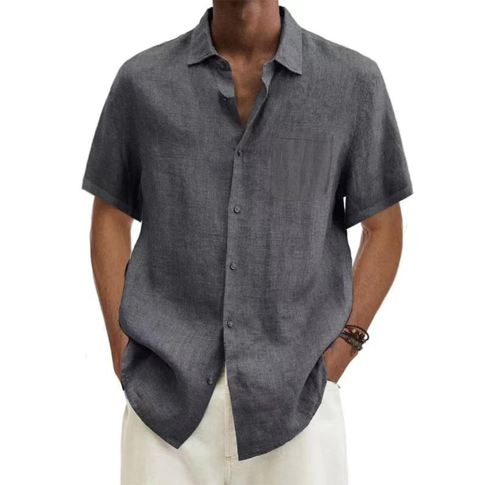 Men Cotton Linen Hot Sale Men'S Short-Sleeved Shirts Summer Solid Color Turn-Down Collar Casual Beach Style plus Size Tops