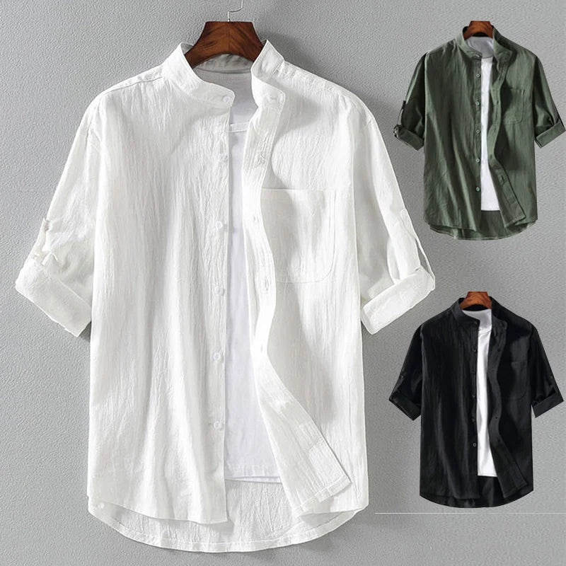 Spring and Summer Stand Collar Five-Point Mid-Sleeve Fashionable Men'S Short-Sleeved Shirt Seven-Point Sleeve Large Size Men'S