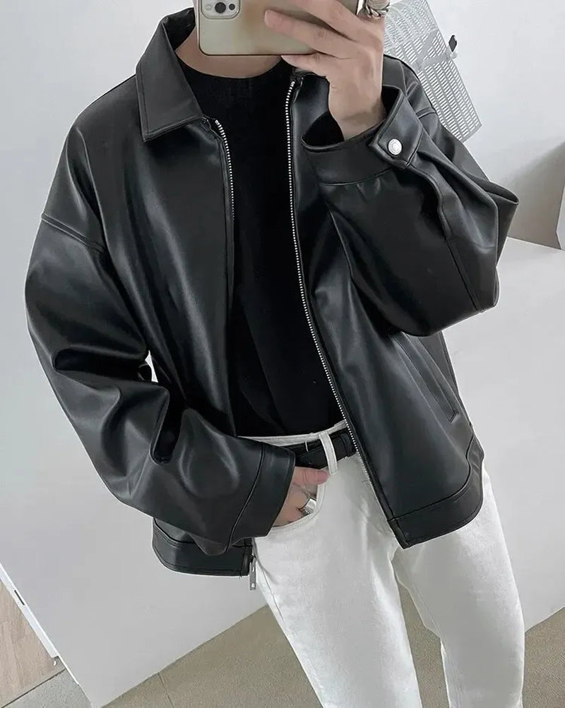 Men Spring Autumn Pu Leather Casual Baseball Motorcycle Cool Slim Fit Loose Style Polyester Fabric Leisure Outdoor Wear