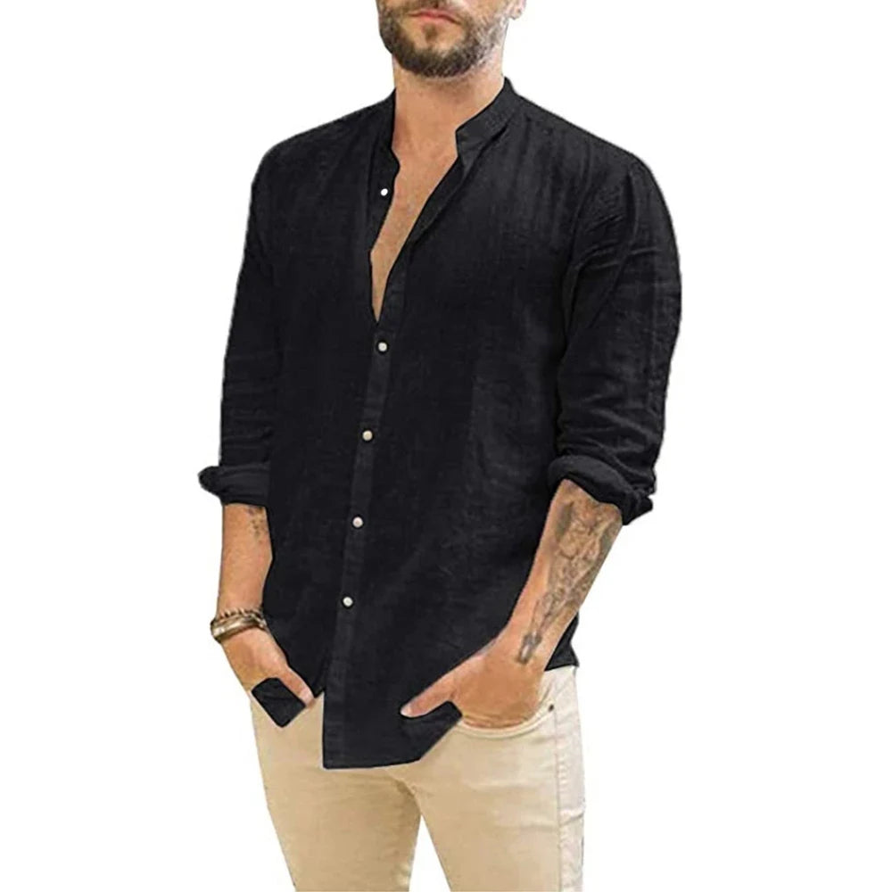 Cotton Linen Hot Sale Men'S Long-Sleeved Shirts Summer Solid Color Stand-Up Collar Casual Beach Style plus Size