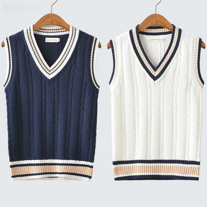 Sweater Vest Men Thicken V-Neck Sleeveless Knitted Sweaters Vests Striped Retro Preppy-Style Simple Chic Loose Casual All-Match