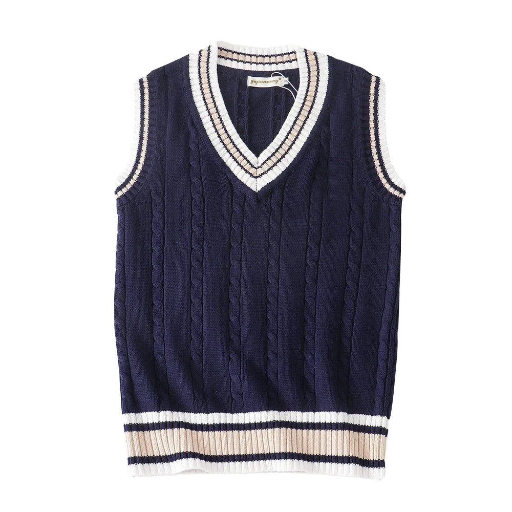 Sweater Vest Men Thicken V-Neck Sleeveless Knitted Sweaters Vests Striped Retro Preppy-Style Simple Chic Loose Casual All-Match