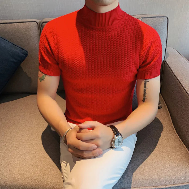 Men Short Sleeve Knitted Sweater 2024 Spring New Turtleneck Solid Color Casual Stretched Slim Fit Homme Pullovers Men'S Clothing