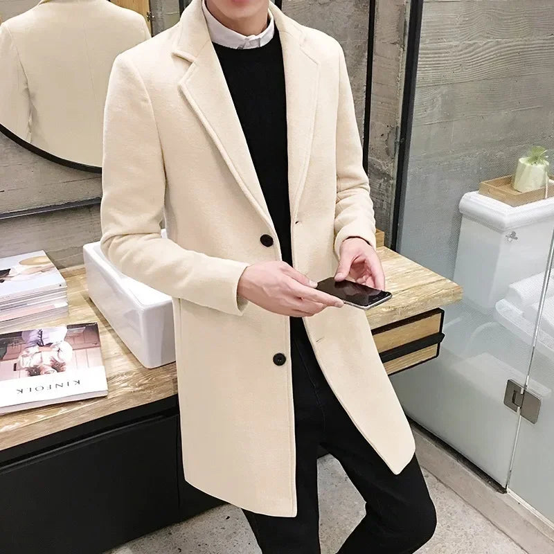 Men Long Cotton Coat 2024 Autumn Winter New Wool Blend Pure Color Casual Business Fashion Slim Windbreaker Jacket Men Clothing