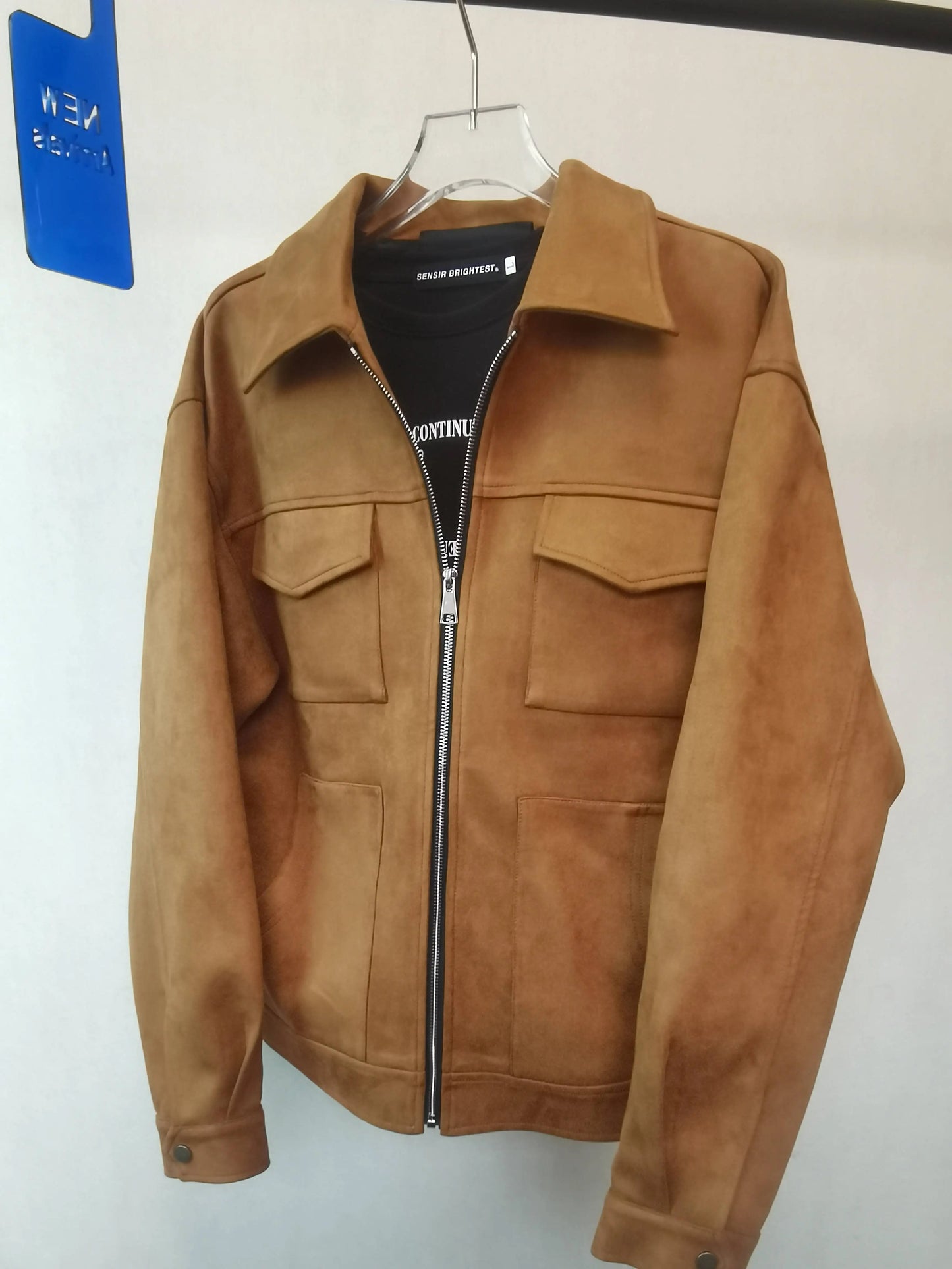 Vintage High Street Suede Material Crock Jacket with Zipper Lapel Casual Short Jacket for Men