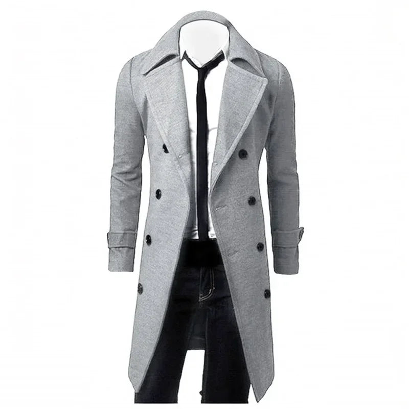 Mens Double Breasted Trench Coat Wool Blend 2024 Autumn Winter Solid Casual Slim Fit Long Jacket Wool Coat Fashion Mens Clothing