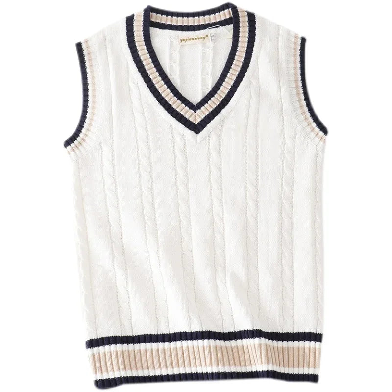 Sweater Vest Men Thicken V-Neck Sleeveless Knitted Sweaters Vests Striped Retro Preppy-Style Simple Chic Loose Casual All-Match