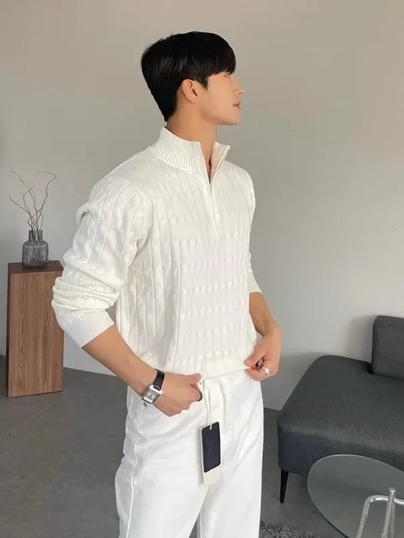 Half-High Collar Zipper Sweater Men Lazy Feel Cover Head Long Sleeve Knitted Shirt Fashionable Versatile White Coat