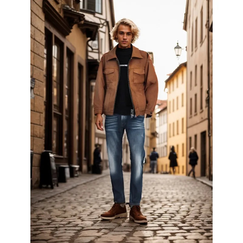 Vintage High Street Suede Material Crock Jacket with Zipper Lapel Casual Short Jacket for Men