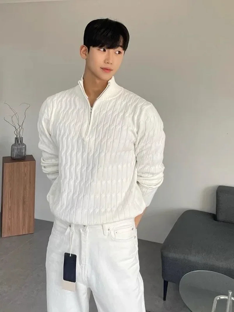 Half-High Collar Zipper Sweater Men Lazy Feel Cover Head Long Sleeve Knitted Shirt Fashionable Versatile White Coat