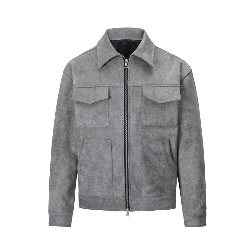 Vintage High Street Suede Material Crock Jacket with Zipper Lapel Casual Short Jacket for Men