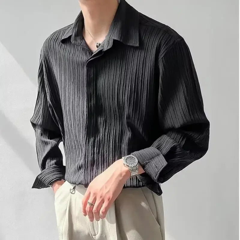 Top Korean Style Loose-Fit Long Sleeve Shirt Men'S Trendy Striped No-Iron Casual Shirt Autumn Season