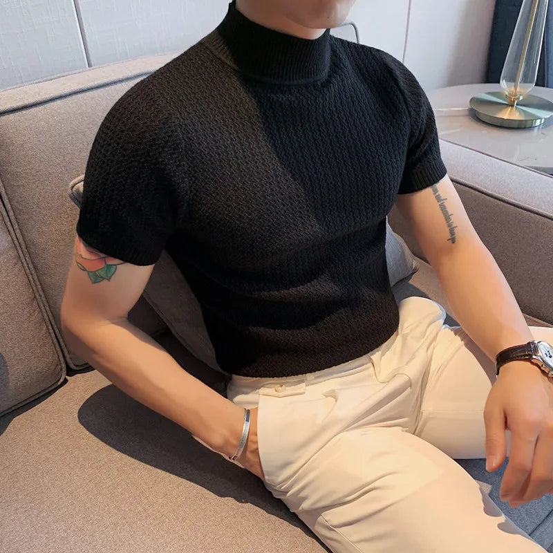 Men Short Sleeve Knitted Sweater 2024 Spring New Turtleneck Solid Color Casual Stretched Slim Fit Homme Pullovers Men'S Clothing