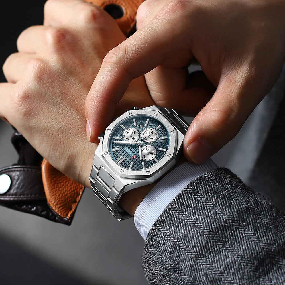 Fashion Casual Stainless Steel Band Quartz Wristwatches with Chronograph Waterproof Men'S Watches